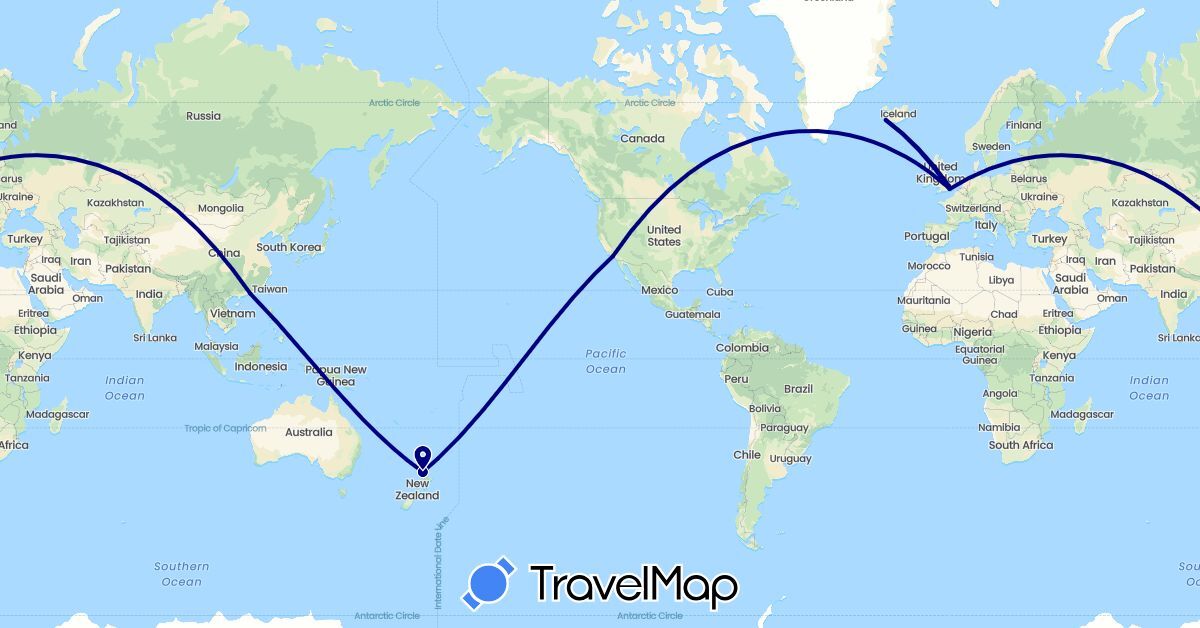 TravelMap itinerary: driving in China, United Kingdom, Iceland, New Zealand, United States (Asia, Europe, North America, Oceania)